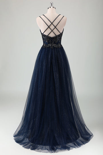 Sparkly Navy Spaghetti Straps A Line Long Formal Dress with Sequins